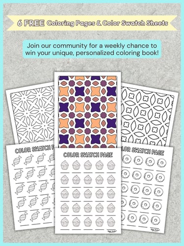 promo for weekly prize of a coloring book, 6 abstract coloring pages & sweet color swatch sheets