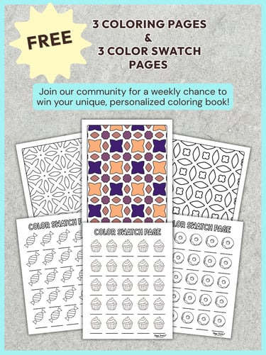 promotional image for a weekly giveaway with free geometric coloring pages & color swatch pages