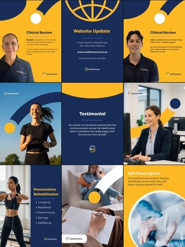 Healthmarq clinical review and physical therapy testimonial collage featuring staff, patients, and website update info.
