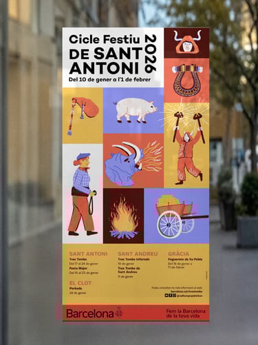 A poster in a glass door showing some illustrations for a city festival