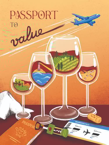 a poster of wine glasses containing different landscapes inside, a forest, the beach, rural areas...