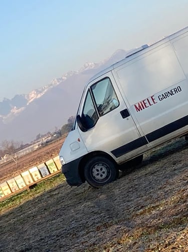 Furgone della Mieleria Garnero con apiario e montagne come sfondo