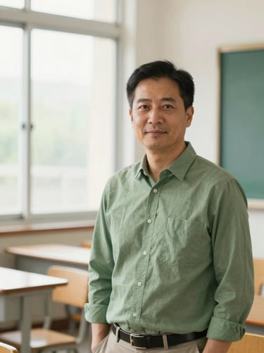 Professional editorial portrait of a male school teacher in a clean classroom, soft natural window light, warm green tones, 50mm lens