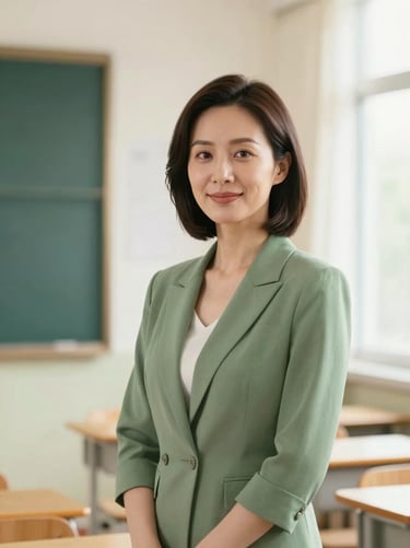 Professional editorial portrait of a female school teacher in a clean classroom, soft natural window light, warm green tones, 50mm lens