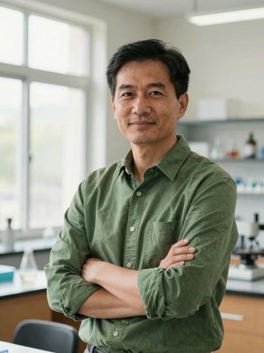 Professional editorial portrait of a male physics teacher in a laboratory classroom, soft natural window light, warm green tones, 50mm lens