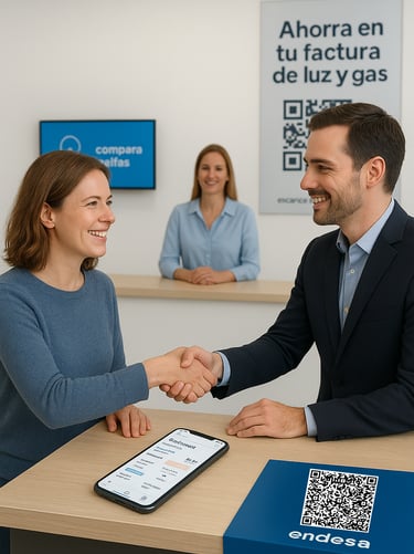 "Clientes satisfechos en punto de venta físico de Envíos Yien en Madrid, contratando tarifas de luz