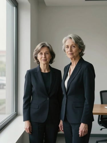 Environmental portrait of a senior female partner in a dark blazer, standing in a minimalist office with soft side window light, 35mm