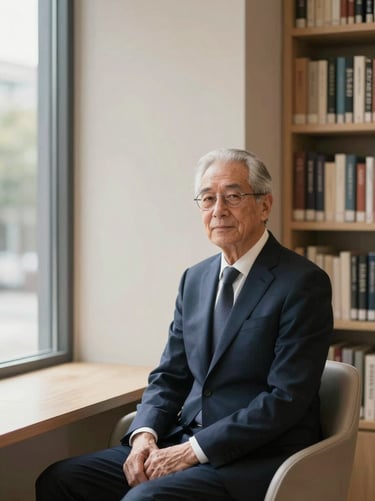 Environmental portrait of a senior male partner in a navy suit, sitting in a sunlit modern library, warm alabaster tones, 35mm
