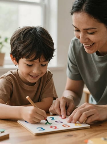 A warm close-up of a mentor guiding a smiling child through a math puzzle at a wooden table, soft natural window light, candid, rich organic tones.