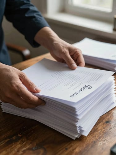 Hands sorting through a stack of administrative letters and invoices on a worn oak desk, natural morning light from a nearby window, paper textures sharp and visible