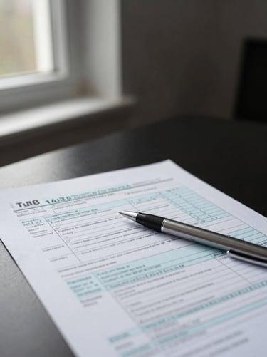 Wide editorial close-up of a tax declaration form on a dark desk, a precise pen resting across printed columns, cool north-facing daylight from a narrow window to the left, sharp foreground detail, empty background space