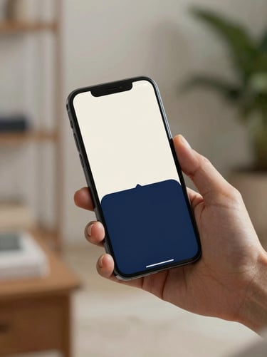 A lifestyle shot of a professional hand holding an elegant smartphone in a modern South American / Brazilian environment. The screen displays a sophisticated branding layout in soft off-white and dark navy blue.