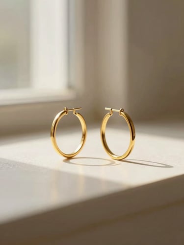 Minimal gold hoop earrings in soft focus, warm studio lighting