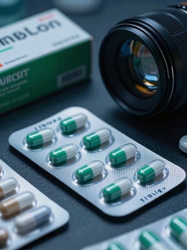Cinematic pharmaceutical photography of verified medicine packaging in a modern logistics environment, moody dark blue and emerald green ambient light, high contrast, sharp macro details, 35mm lens