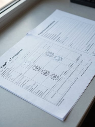 Close-up overhead view of a structured compliance document spread on a matte desk, verification stamps and annotated forms in a precise grid, cool daylight from a window to the left, no faces visible
