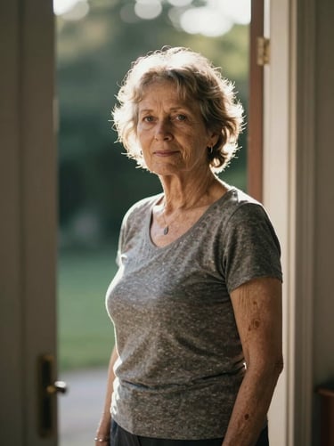 Portrait of a woman in her seventies standing in a doorway, backlit by afternoon sun, digital capture, slight lens flare, no correction