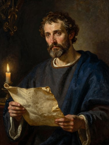 Scholarly oil painting portrait of the Apostle Paul holding a parchment scroll, deep thoughtful eyes, dramatic candlelight, rich historical textures