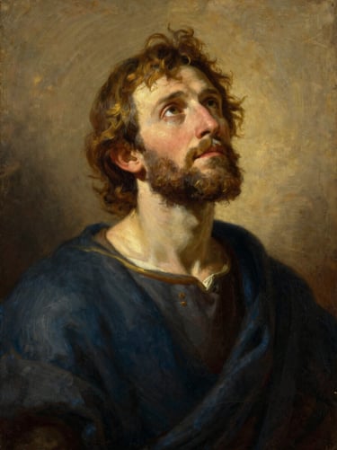 Reverent oil painting portrait of the Apostle John looking upward, soft golden-hour light, youthful yet wise expression, fine art style