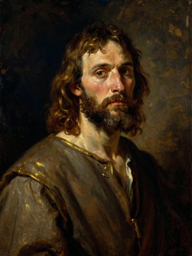 Dignified oil painting portrait of Simon Peter, weathered fisherman features, dramatic chiaroscuro light, dark background, warm gold accents
