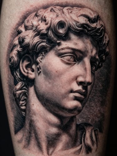 Macro close-up of a healed realism tattoo of a classical marble sculpture on skin, dramatic shadows, sharp focus on ink texture, 35mm film