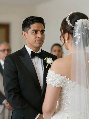 An emotional candid shot of a Hispanic groom looking at his bride during the ceremony, soft focus, elegant lighting, captured with high-end prime lens, romantic and exclusive feel.