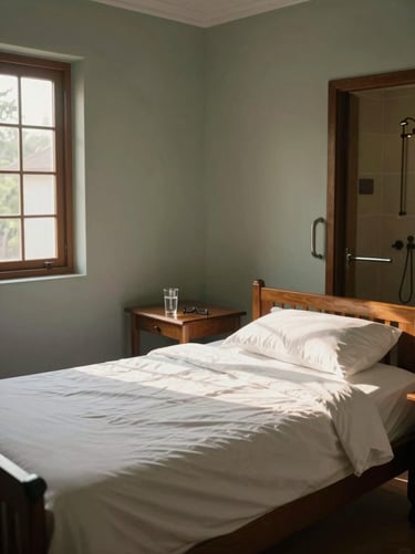 Interior of a furnished private room in a Kerala care home, late afternoon window light casting warm shadows on a neatly made single bed with white linen, a small wooden side table with a glass of water and reading glasses, elderly-friendly grab bar visible near the bathroom door, muted sage-painted walls, eye-level framing
