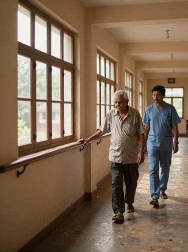 Soft afternoon light falling through a tall window onto a wide Kerala care home corridor, worn wooden handrail along the wall, an elderly resident walking slowly with hands touching the rail, caregiver walking quietly beside, muted ochre walls, eye-level framing