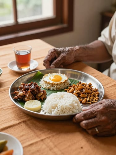 Close view of an elderly resident's hands resting on a wooden dining table beside a simple Kerala meal in a steel plate, soft north-facing window light, a small cup of tea nearby, warm ochre tablecloth, no clinical surfaces, eye-level framing