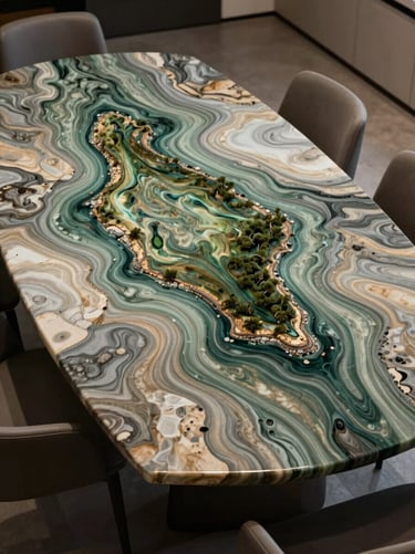 A wide shot of a bespoke resin-top dining table in a minimalist International / Global home. The surface features deep Sage Green and Sandstone Grey swirls, looking like an aerial view of an island.