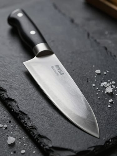 Close-up of a professional butcher knife resting on a dark slate board with coarse salt crystals, moody lighting
