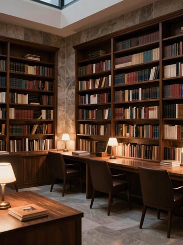 A wide-angle interior photograph of a quiet, sophisticated home library at dusk, with soft desk lamps casting a warm glow on wooden surfaces. Palette colors: dark brown, taupe, and stone. International / Western setting.