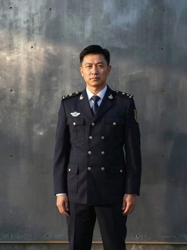 Professional corporate portrait of General Manager, steel grey background, high-contrast lighting