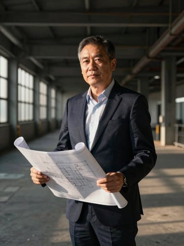 Professional corporate portrait of Senior Project Manager, engineering blueprints in hand, dramatic lighting