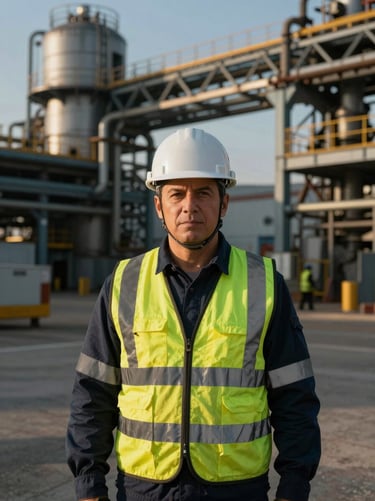 Professional corporate portrait of Senior Site Engineer wearing high-visibility gear and hardhat on industrial site