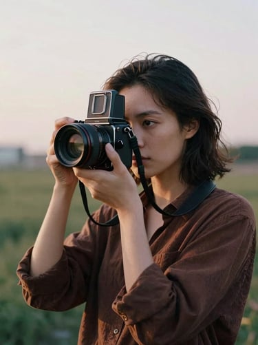 A professional portrait of a female photographer holding a medium format camera, soft overcast daylight, editorial framing, 35mm film look.