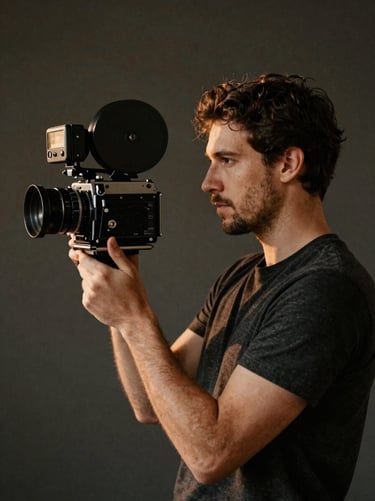 A professional portrait of a male cinematographer holding a vintage film camera, natural side lighting, muted dark background, 35mm film look.