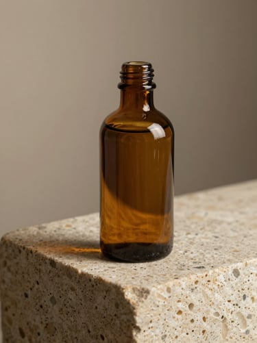 An amber glass bottle resting on a raw travertine block, soft indirect light, warm editorial styling.
