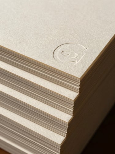 Stacks of heavy textured paper with embossed minimalist typography, close-up, warm shadows, elegant paper grain.
