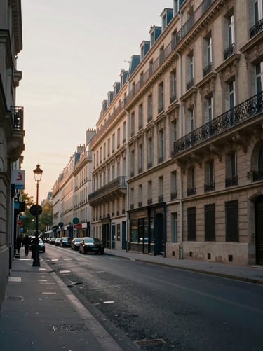 A quiet Parisian streetscape in the early morning light, soft warm atmosphere, architectural depth.
