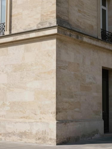 Minimalist architectural corner of a stone building in Paris, clean lines, soft north-facing daylight, elegant shadows.