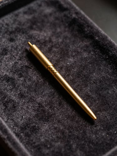 Close-up of a delicate gold object resting on dark velvet, soft natural light, high-contrast warm shadows.