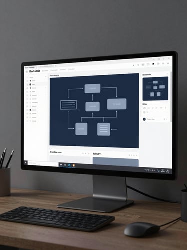 A cinematic, moody shot of a designer's workspace. A high-resolution monitor displays the project's interface architecture in #2D3A4B and #7A8C9E colors, surrounded by minimalist hardware.