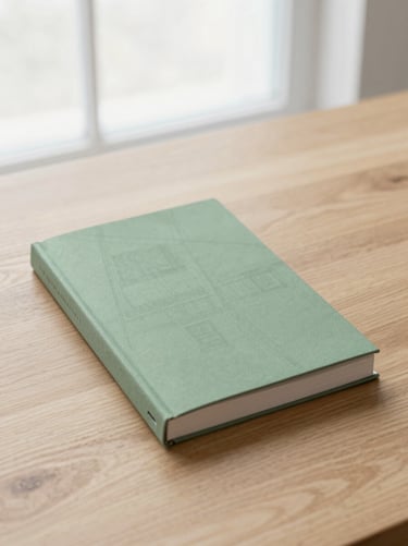 A clean, minimalist book cover lying flat on a light oak table, soft overcast window light, architectural blueprint sketch visible in the background