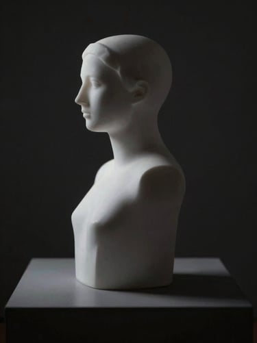 Silhouette of a sculpture-like object in a dark room, with soft lighting from one side highlighting its edge in #F8F8F8 against a deep #000000 background.