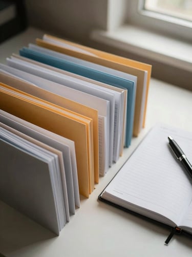 Close-up overhead view of neatly organized financial folders and a open ledger on a clean desk under soft natural window light, pen resting beside the pages