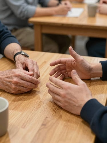 Close-up documentary frame — two pairs of hands across a wooden table, one older set and one younger, mid-gesture during a conversation, warm indoor available light, a ceramic mug visible at the edge, community center setting, unposed