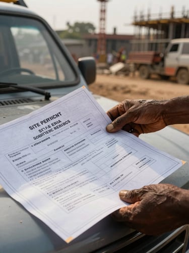 Close-up of weathered hands holding a folded site permit document over a worn blueprint spread on a truck bonnet, late afternoon directional light catching the paper edge, a Lagos construction site blurred in the background