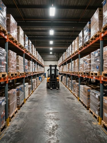Wide shot of a busy UK logistics warehouse interior at night, industrial overhead lighting illuminating rows of palletized freight on racking systems, forklift tracks visible on concrete floor, deep perspective drawing the eye into the facility