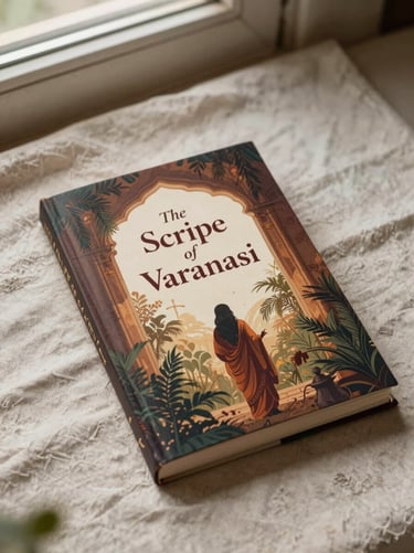 A beautifully illustrated book cover mockup of 'The Scribe of Varanasi' lying flat on a textured linen cloth, soft overhead natural light, rich warm tones.