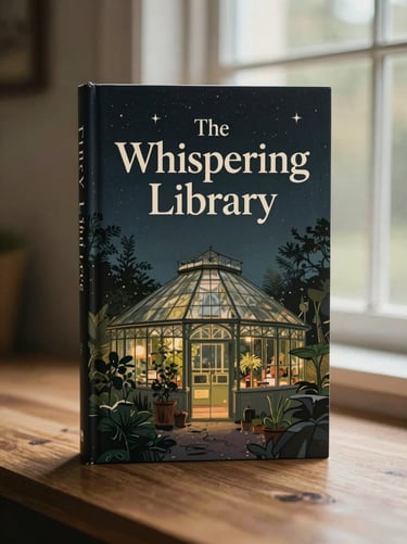 A beautiful book cover mockup of a novel titled 'The Whispering Library' featuring an elegant hand-drawn illustration of an old greenhouse under starlight, warm editorial tones